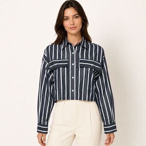 Arlo Mott Hester Boxy Crop Button Down Shirt XS Navy Stripe Cotton NWT